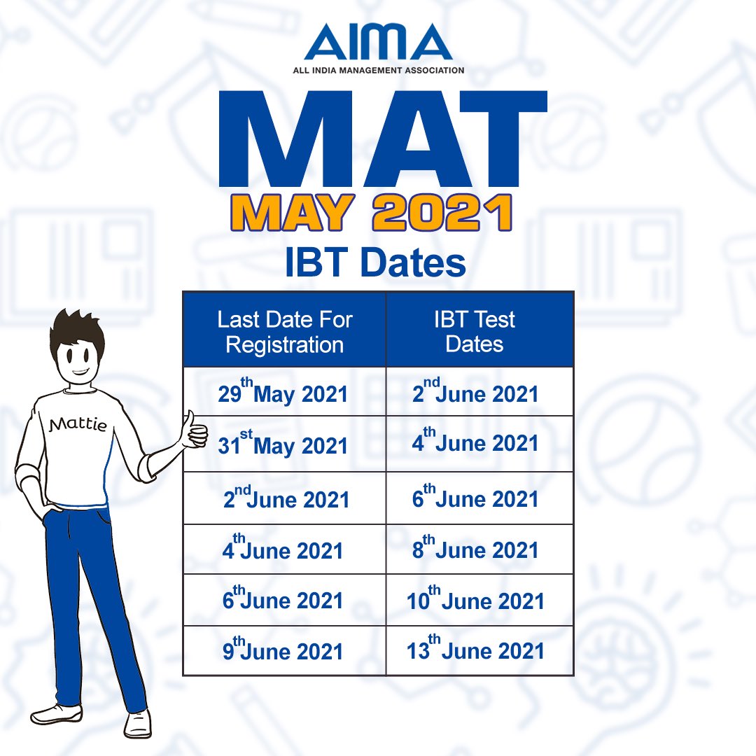 aimaindia's tweet photo. Register for #MAT #MAY 2021 and get #admission in leading B-schools across India. Multiple slots available. Take MAT from home! #RegisterNow -bit.ly/MAT-MAY
#MAT2021 #MATExam #businessschool #management #testdates #MATIBT2021 #HurryUp #Exams2021 https://t.co/jCDw1n8li4