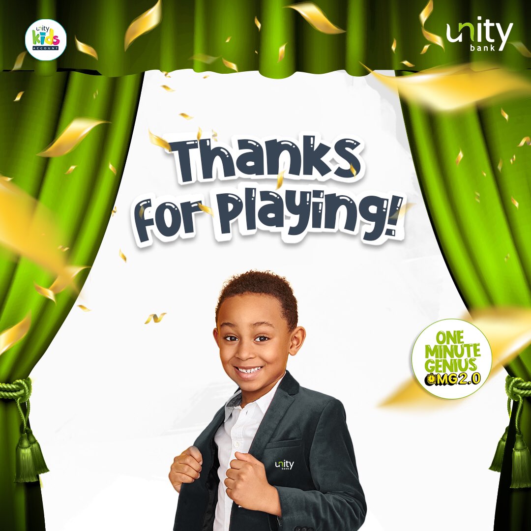 UnityBankPlc's tweet photo. One Minute Genius is now officially over! 

Thank you all for playing! 

OneMinuteGenius #UnityKids #SucceedingTogether https://t.co/cAZummNDxv