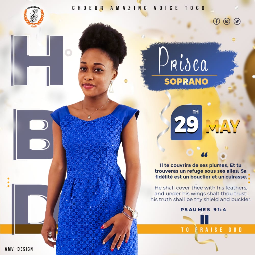 AMV_togo's tweet photo. En ce jour si spécial chère #Prisca, le chœur AMAZING VOICE TOGO tient à te souhaiter un heureux jour de naissance et que ta voix continue de servir le seigneur, nous t'aimons❤️

 #JoyeuxAnniversairePrisca
 #AmazingVoiceTogo
 #ToPraiseGod🙏🏿 https://t.co/rmo85hpthS