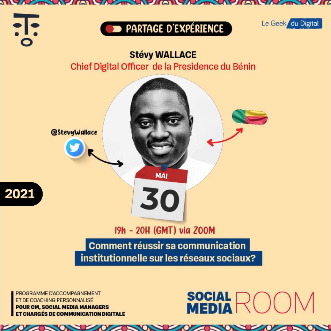 StevyWallace's tweet image. Bonjour!
Je répondrais à vos questions sur la communication digitale de @PresidenceBenin @gouvbenin @PatriceTalonPR  ce dimanche 30 mai 2021 à 20h de Cotonou (19h GMT) via le lien ZOOM : bit.ly/SMRavecStevy (🔴ce lien sera actif au début de la session)
Merci @TriomphEternel .