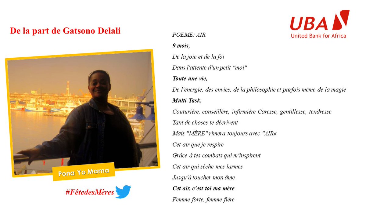 UBACongo's tweet photo. Hello! Je suis @DelaliGats, je participe au Jeu Concours #PonaYoMama pour le meilleur poème à l'occasion de la #FêtedesMères 2021. Votez pour mon poème en "Likant" tout simplement ce tweet.
Je compte sur vous.✌️💪🙏
#MothersDay #MothersDay2021 #AfricasGlobalBank https://t.co/4hw1BYZ1lM