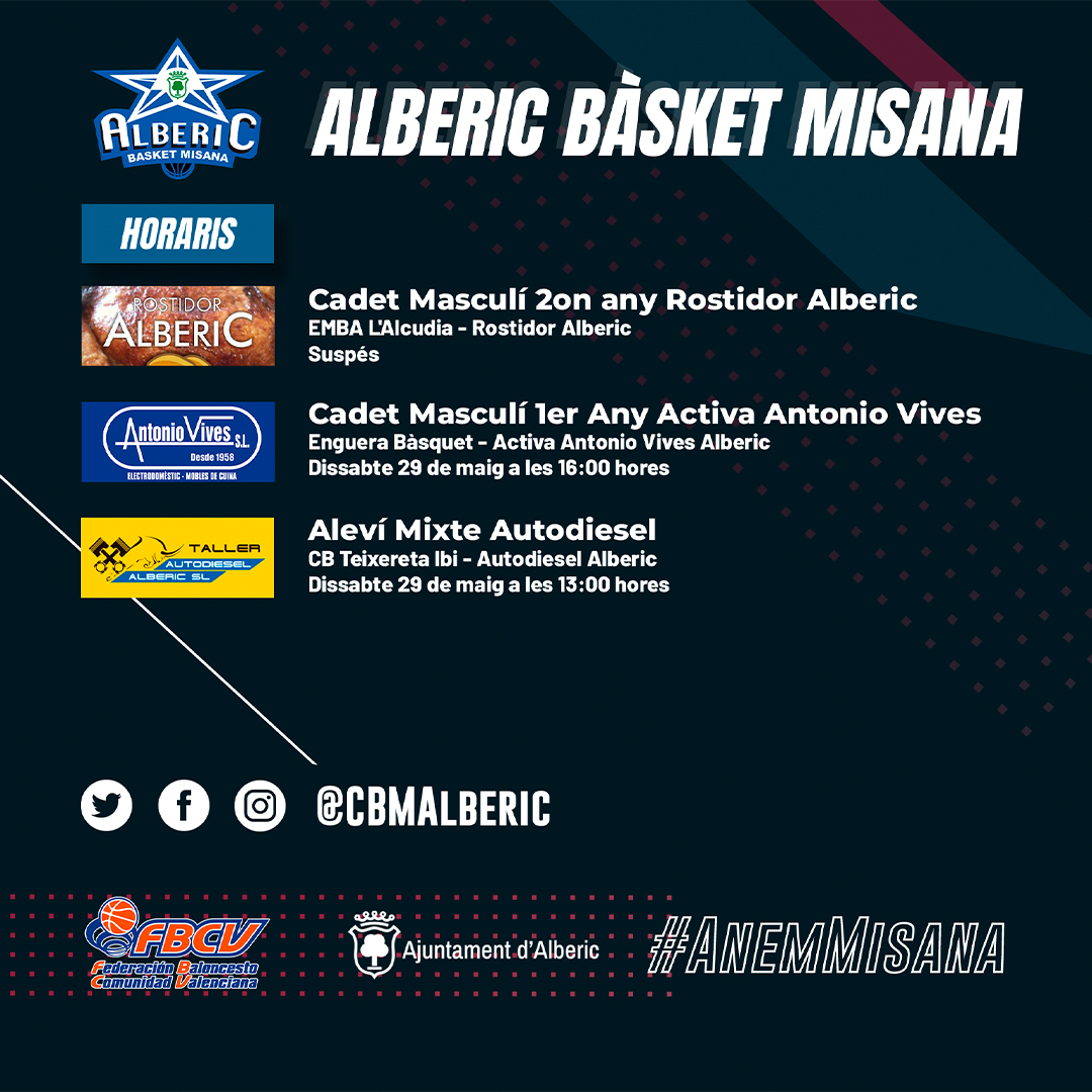 CBMAlberic's tweet photo. 📋 CAP DE SETMANA DE BÀSQUET 🏀 Ací podeu consultar els horaris, així com el 𝗣𝗔𝗥𝗧𝗜𝗧 𝗗𝗘 𝗟𝗔 𝗝𝗢𝗥𝗡𝗔𝗗𝗔, patrocinat per #PapasArgente 🔛🥔😋

#ANEMMisana #ANEMBlaus https://t.co/nq1A0WP484