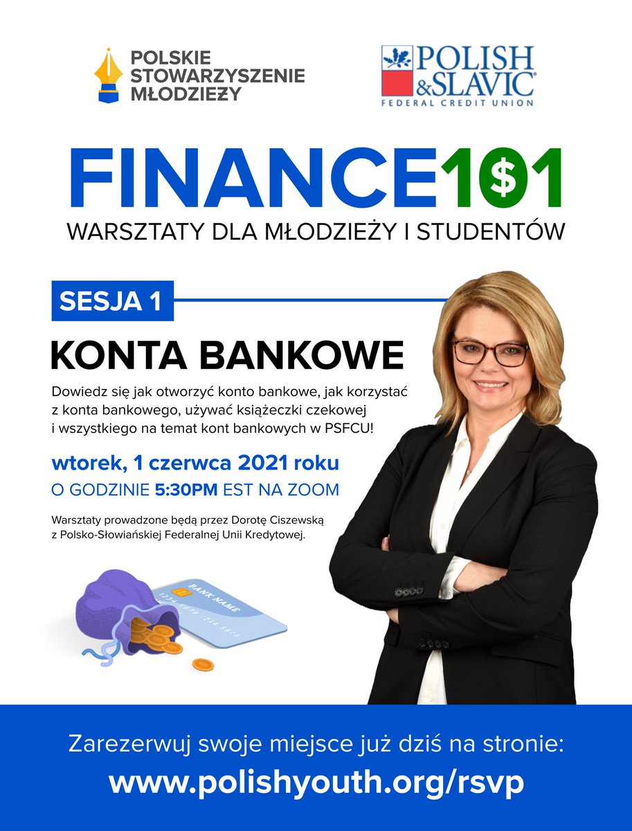 ‼️ Zapraszamy na pierwszą sesję wirtualnych warsztatów finansowych, która odbędzie się we wtorek, 1 czerwca o godzinie 5:30PM EST 🗓 w ramach współpracy z @PolishSlavicFCU. 😊 👉🏼 Zarezerwuj miejsce już dziś na stronie: polishyouth.org/rsvp