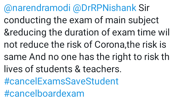 PiyushK10224063's tweet photo. #CancelAllBoardExams 
#SAVESTUDENTS 
#SaveParents
@narendramodi
@rashtrapatibhvn
@DrRPNishank 
@rajnathsingh 
@cbseindia29 https://t.co/iI5si5kjTC