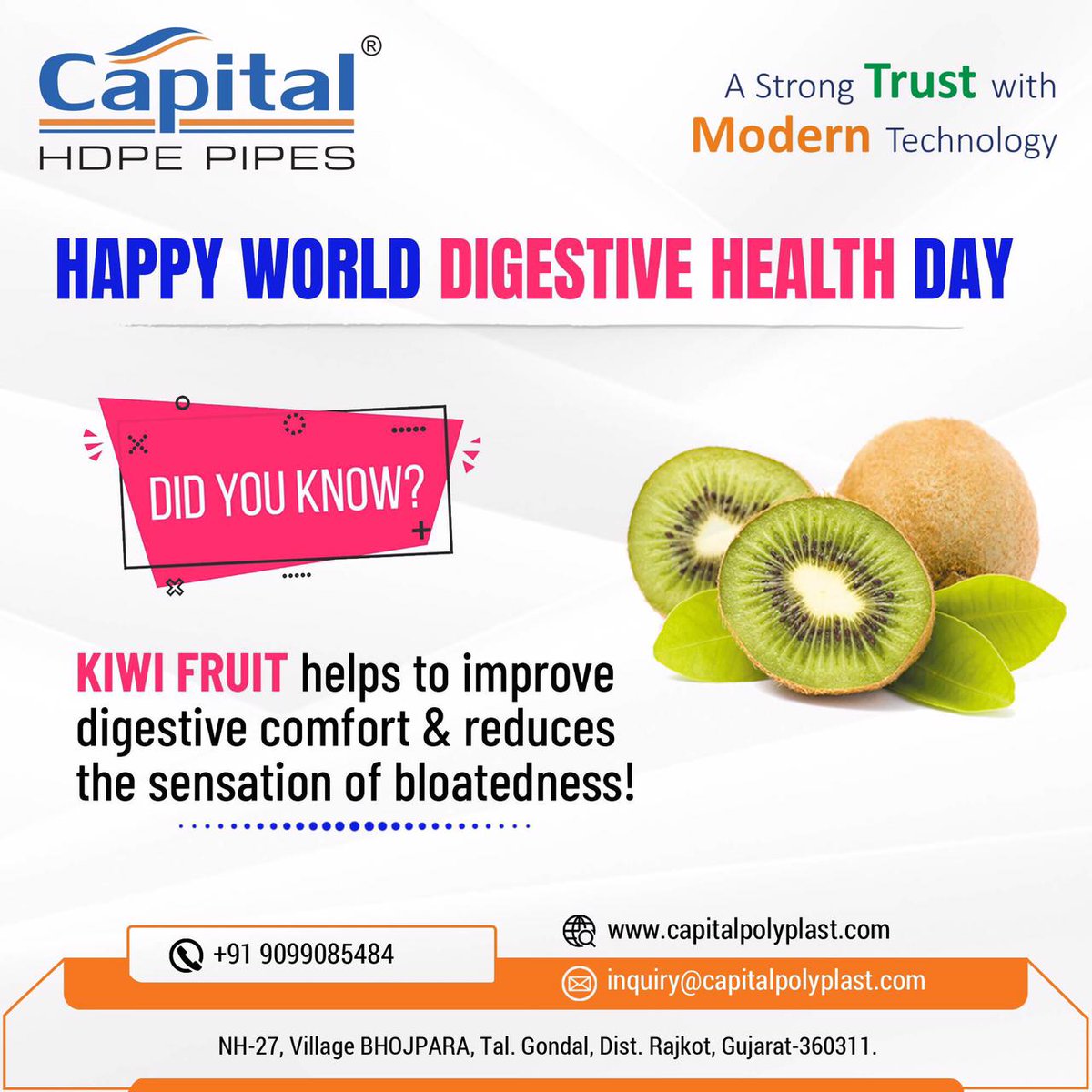 GujCapital's tweet photo. CAPITAL POLYPLAST (GUJ) PVT. LTD.
"Happy World Digestive Health Day"
#capitalpolyplast #hdpepipe #roundpipe #blackpipe #borewellpipe #undergroundpipe #gardenpipe #flexiblegardenpipe #colourvirginpipe #universalgardenpipe #heavydutygardenpipe #submersibleflatcable #servicecable https://t.co/0NqmxDlg4w