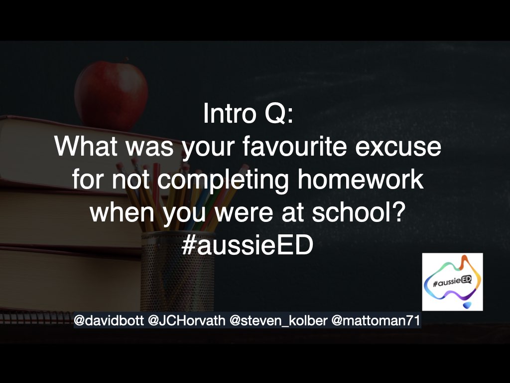 Matt Zarb (@mattoman71) on Twitter photo Intro Q: What was your favourite excuse for not completing homework when you were at school? #aussieED <a href="/davidbott/">David Bott</a> <a href="/JCHorvath/">Joseph Horvath</a> <a href="/steven_kolber/">Steven Kolber</a> Intro Q: What was your favourite excuse for not completing homework when you were at school? #aussieED <a href="/davidbott/">David Bott</a> <a href="/JCHorvath/">Joseph Horvath</a> <a href="/steven_kolber/">Steven Kolber</a>