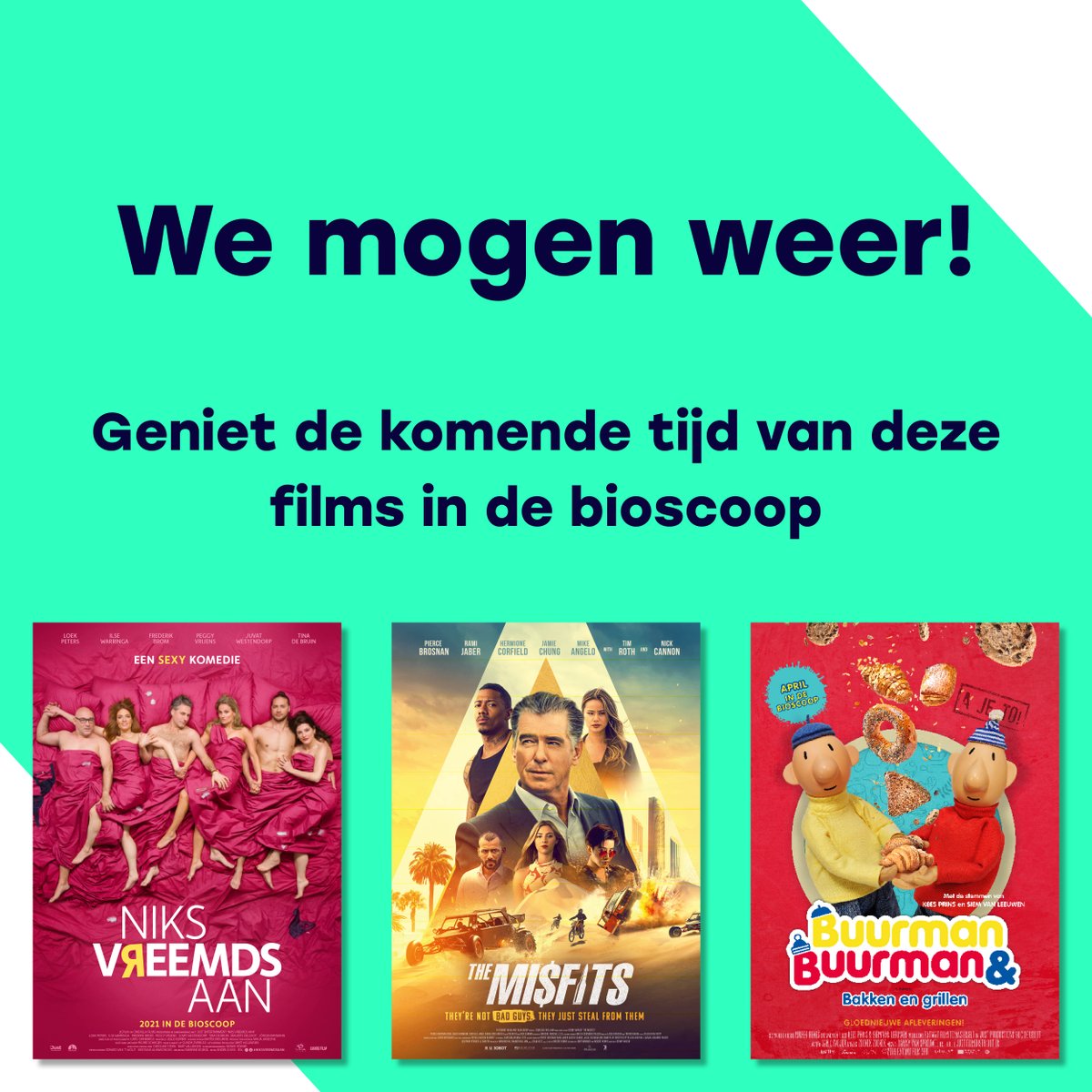 YES! De bioscopen gaan op 5 juni weer open🎉 Geniet de komende tijd van de laatste Buurman &amp; Buurman avonturen, een actiefilm met Pierce Brosnan of een sexy komedie van Nederlandse bodem #bioscoop #wemogenweer