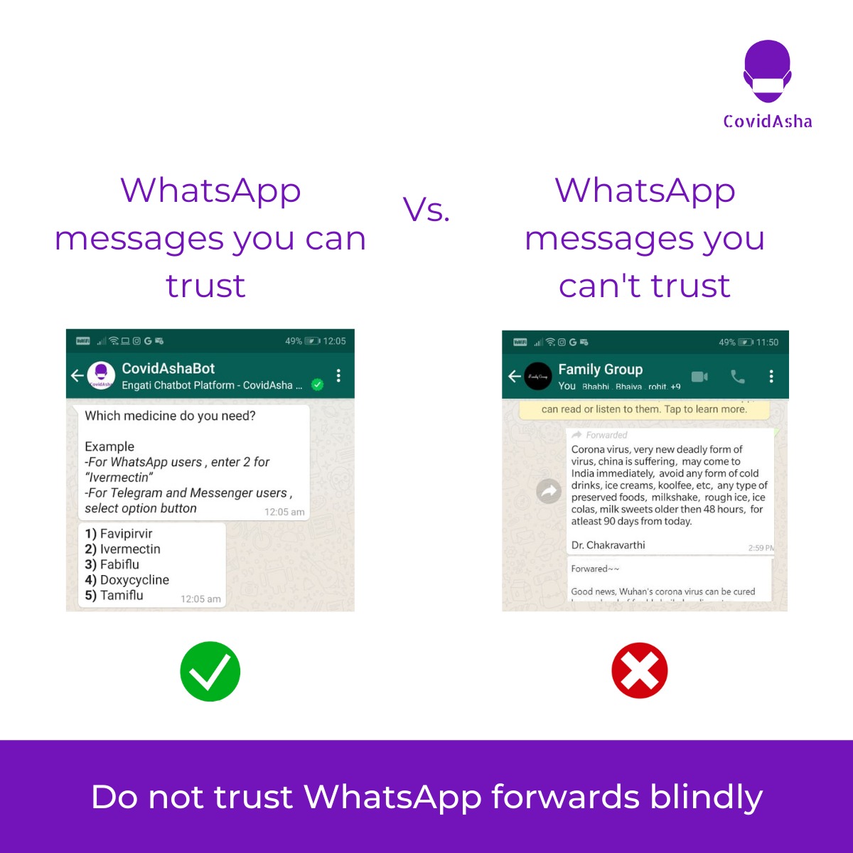 Let's fight against misinformation on #COVID19
⚠️ Beware of fake WhatsApp forwards &amp; double check every news

Get help from verified sources with #CovidAshaBot
Text Hi on
Whatsapp- wa.me/+917676522535?… 
Telegram- t.me/COVIDAshaBot
Messenger-  m.me/101591655418775