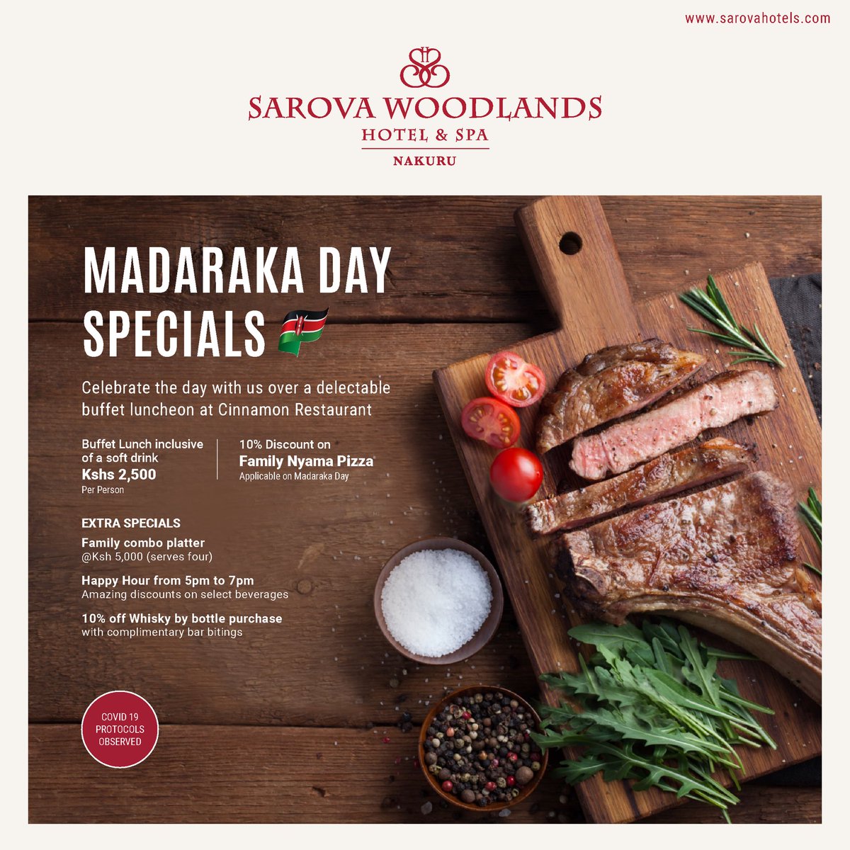 We got you well thought of during this Madaraka Day.  Celebrate the good things in your life by joining us for a delectable culinary experience at Cinnamon Restaurant. 
#madarakadaycelebrations #celebratefreedom #celebratesuccess #celebratelove❤️ #celebratelife #dinewithus