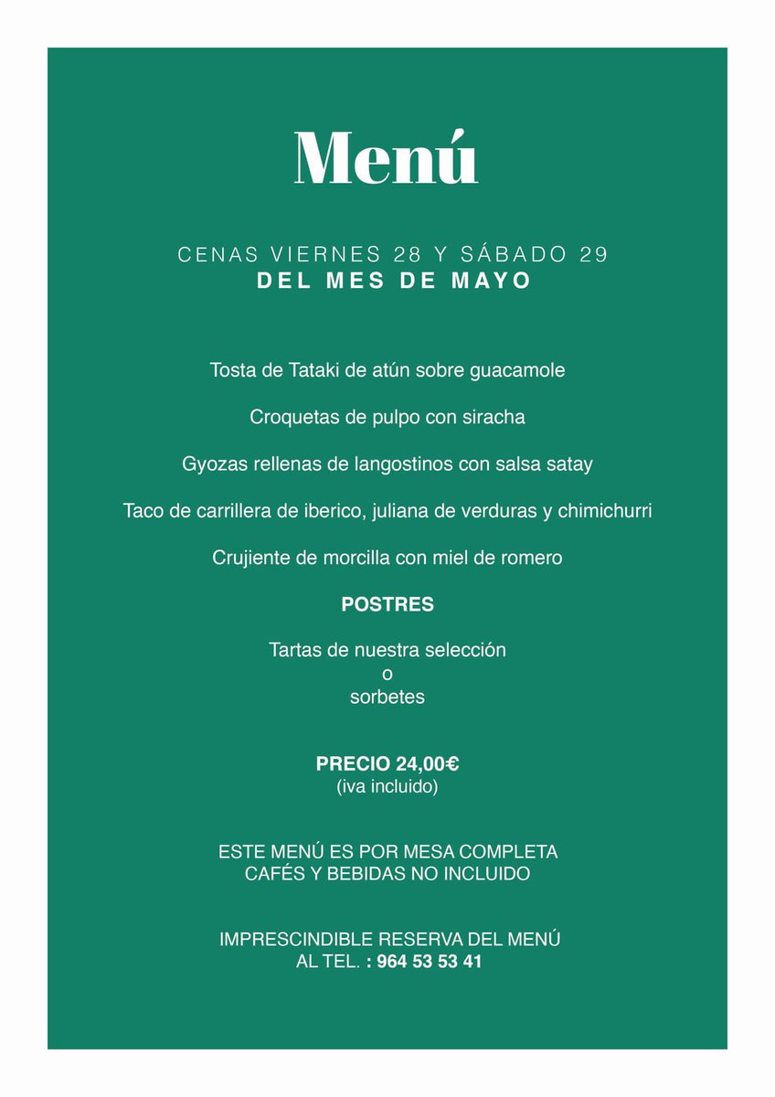 Cambio de platos en nuestro menú para cenas de Viernes y Sábado.
5 platos + postre por sólo 24€ (IVA incluido). Bebidas no incluídas.
Imprescindible reserva previa.
☎ 964535341