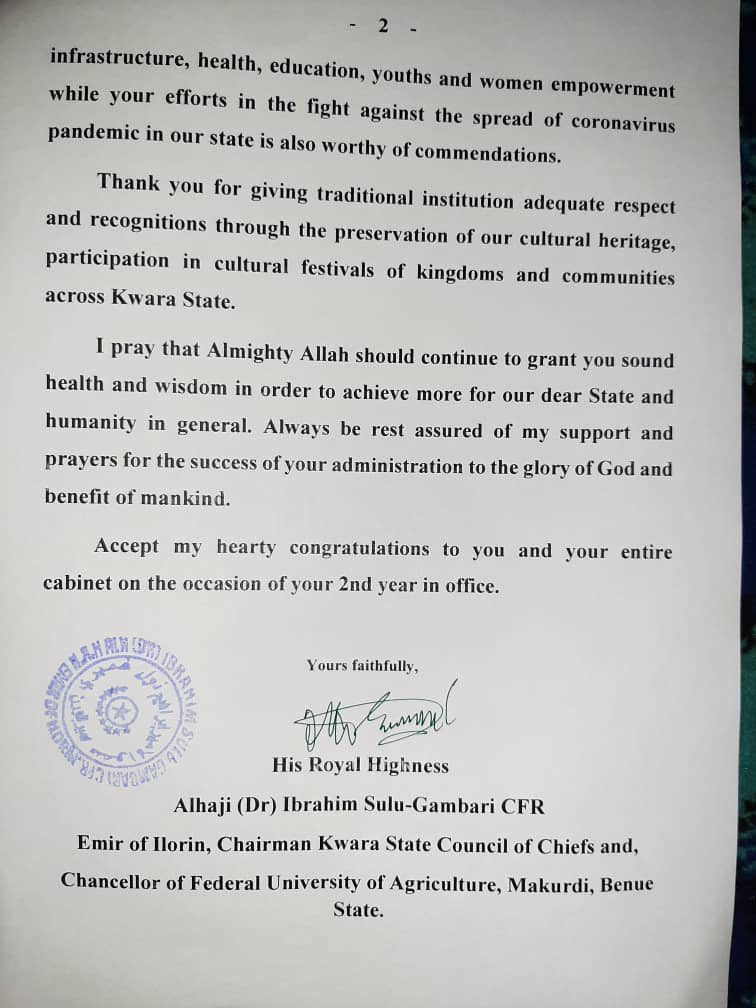 Emir of Ilorin, Alhaji (Dr.) Ibrahim Sulu-Gambari greets Kwara Governor, AbdulRahman AbdulRazaq on his second year anniversary in office. 

#IjobaMekunu