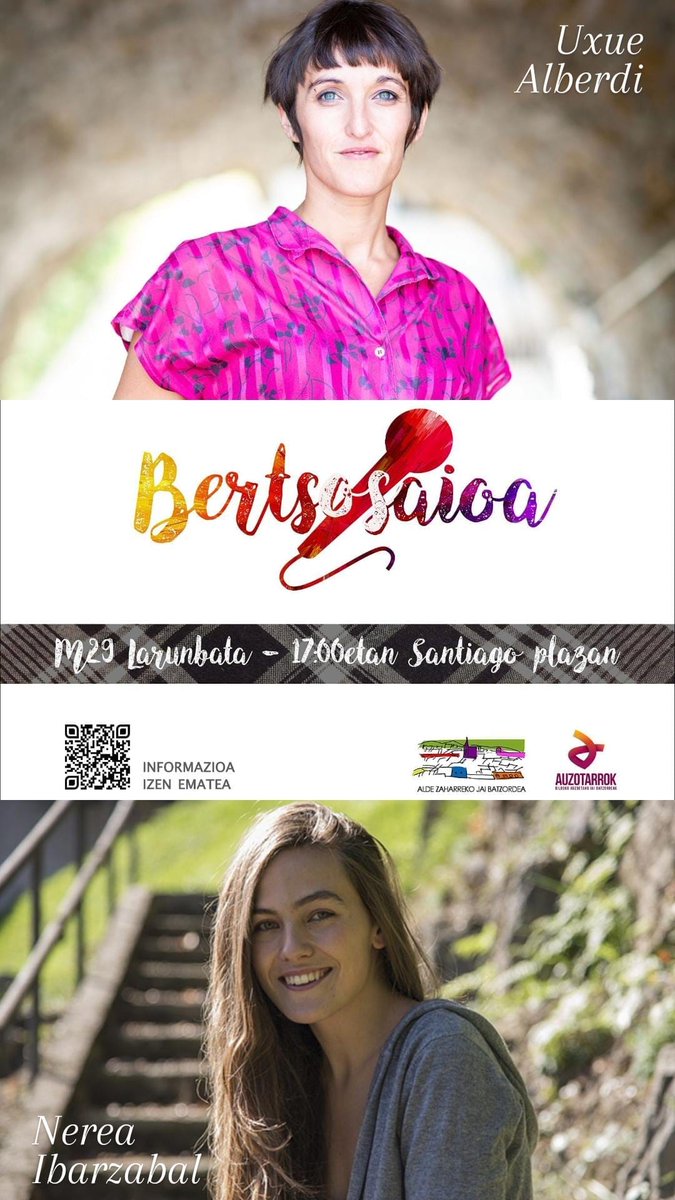 ZaharreanBerri's tweet photo. Egun on!
Gaur ๐๐ป
โฑ๏ธ 11:00 GINKANA
โฑ๏ธ 17:00 BERTSO SAIOA
Uxue Alberdi & Nerea Ibarzabal
โฑ๏ธ 19:00 KALEJIRA
#Raperu & #Zarzaparrilla & #Tarisko
๐Santiago plaza
Gora Alde Zaharra!
โค๏ธ๐งก๐๐๐๐๐ค https://t.co/4vfmTEFKNB