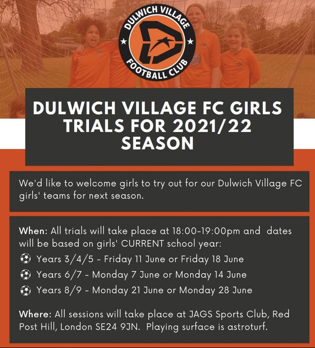 🚨 CALLING ALL GIRLS IN SOUTHWARK!!

<a href="/Dulwichvillfc/">Dulwich Village FC</a> are looking to increase the number of girls playing with them for next season. Trials in June.

💻 Email them at girls@dulwichvillagefc.co.uk with:
⚽ Name
⚽ Date of birth
⚽ Parent name
⚽ Date of trial