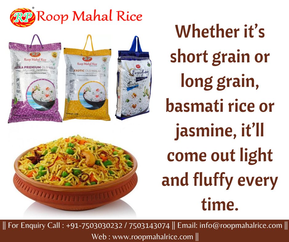 Roop_Mahal_Rice's tweet photo. Whether it’s short grain or long grain, basmati rice or jasmine, it’ll come out light and fluffy every time.
 Buy Now: https://t.co/TNNZfou8T1
#rice #basmati #food #foodlover #biryani #biryanilover #ricebowl #blood #rich #better #tasty #roopmahal #real #enjoy #meal #aromatic https://t.co/RT0sm2UPKR