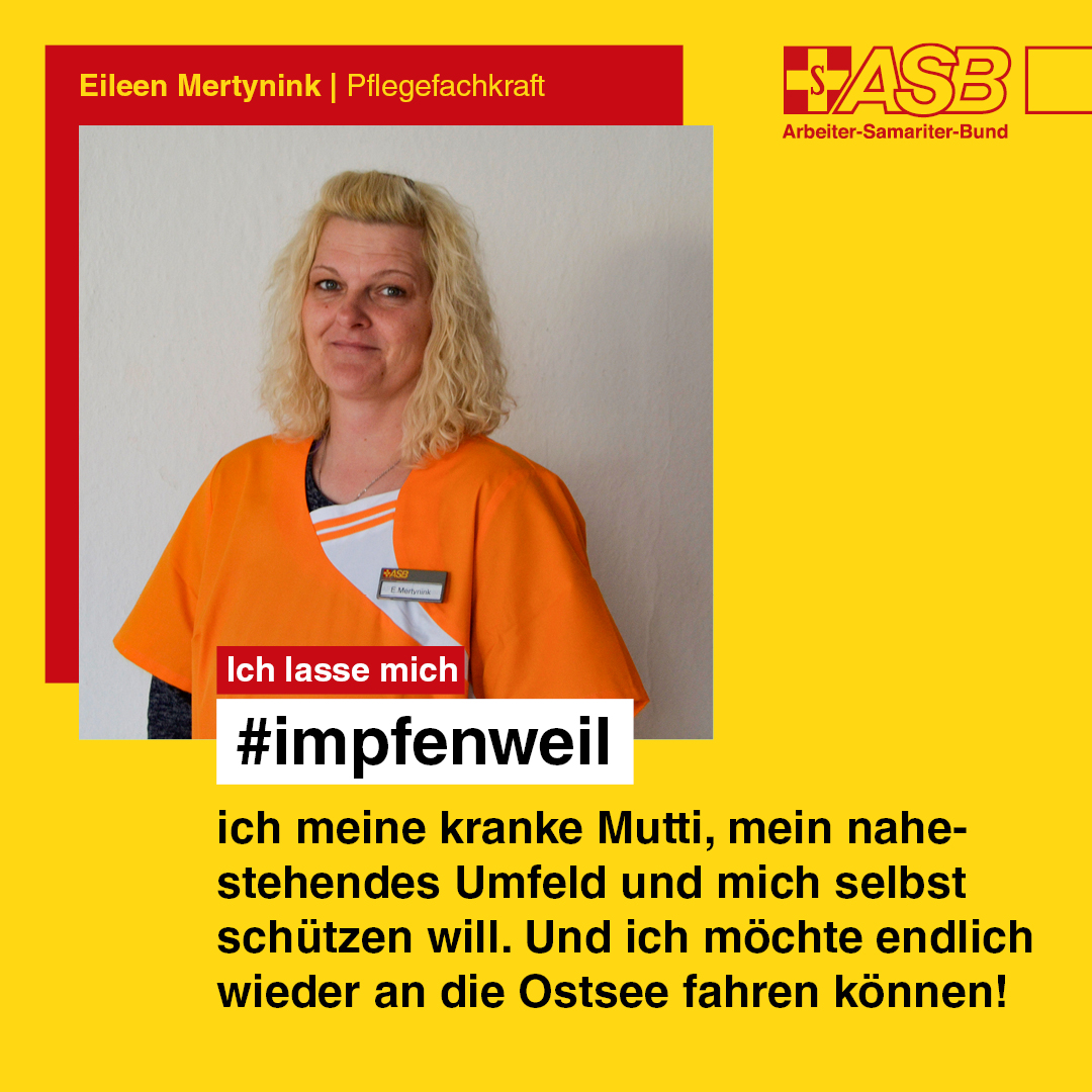 asb_de's tweet photo. Es gibt viele gute Gründe, sich gegen das Corona-Virus impfen zu lassen. Bei der Kampagne #impfenweil erzählen Menschen, was ihr ganz persönlicher Beweggrund ist.
Mehr auf https://t.co/3Yl8MLd45V
#impfenweil #impfung
@BMG_Bund @Paritaet https://t.co/UwOgpeZ65Z