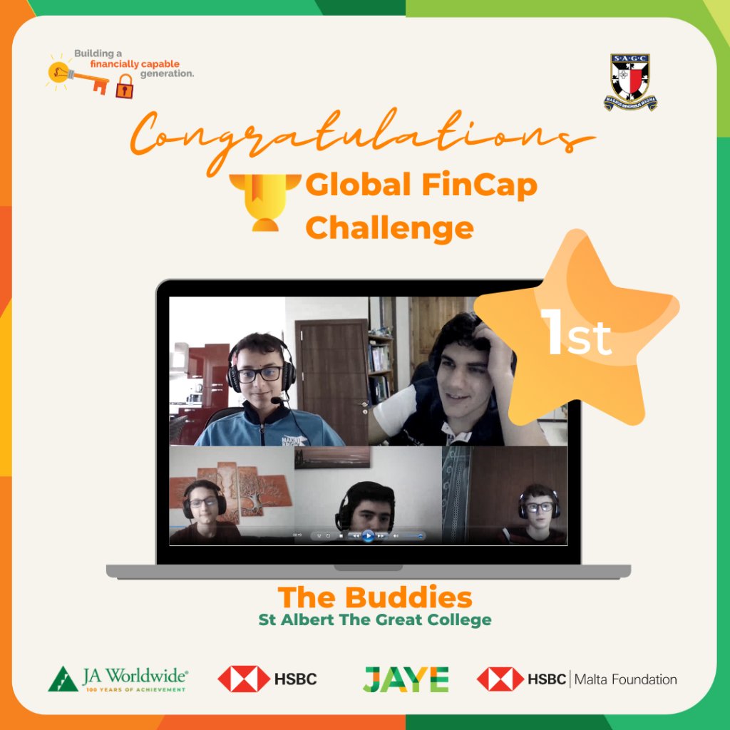 Congratulations 'The Buddies' 👏 from JAYE Malta Foundation for winning the first-ever Global FinCap Challenge competing against 13 countries from around the world! This event was supported by JA Worldwide and HSBC. For more information kindly visit - grp.hsbc/6016yH8tO