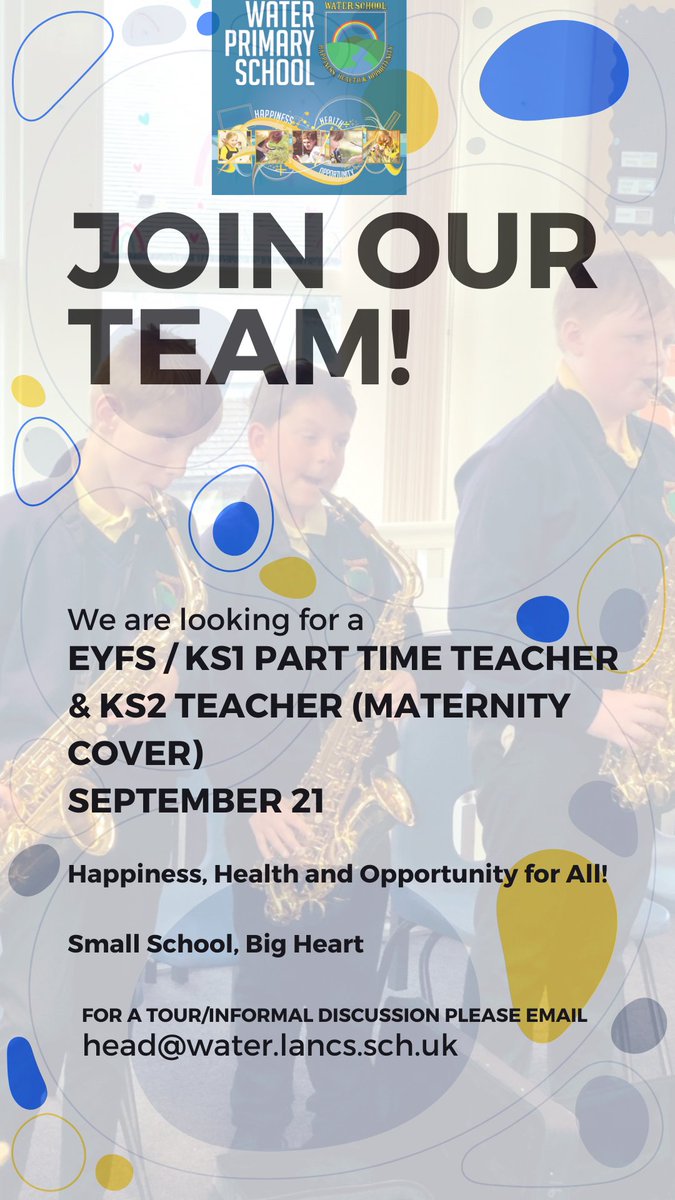 Fancy joining a great team in a school full of happiness, smiles and opportunities. Apply now! #SmallSchoolBigHeart Details here water.lancs.sch.uk/page/?title=St…