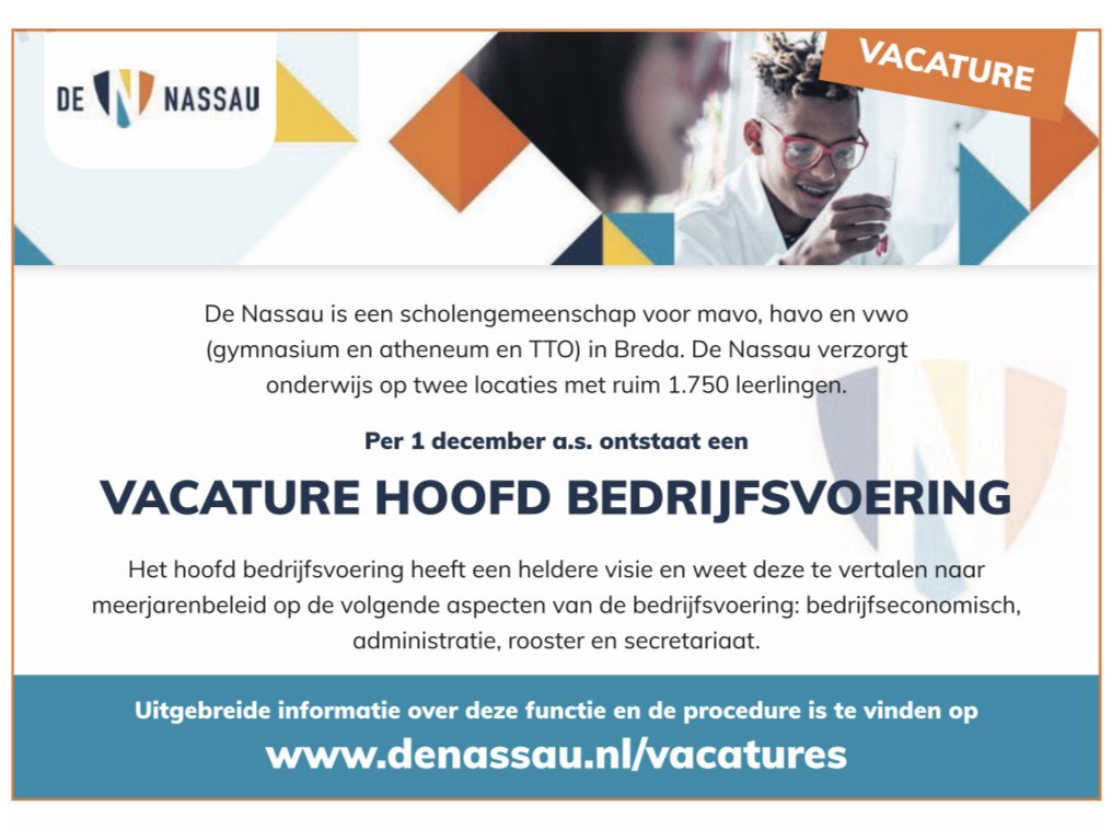 Een interessante vacature op onze mooie school. Ben jij of ken jij ons nieuwe Hoofd Bedrijfsvoering? 

Lees meer op onze website. 

#vacature #onderwijs #bedrijfsvoering #Breda