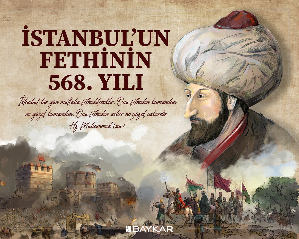 Cihanın yarısı gök; 
Önünde şehit şehit durmuşuz, 
Cihanın yarısı İstanbul 
Almışız.
- Fazıl Hüsnü Dağlarca

#İstanbulunFethi'nin 568’inci yılında Fatih Sultan Mehmet Han ve tüm kahramanlarımızı rahmet ve minnetle anıyoruz.

#Fetih1453 🇹🇷