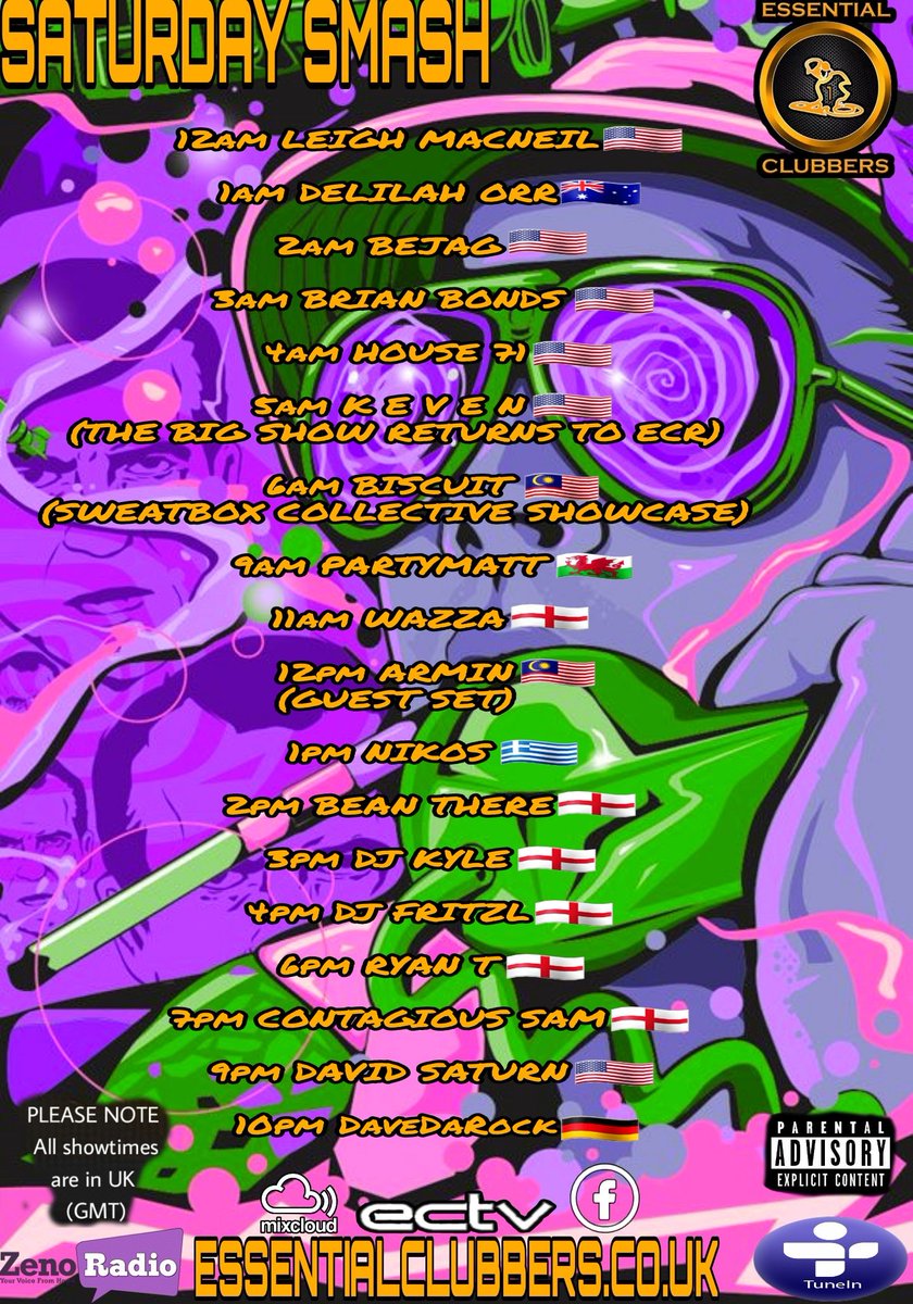 ESSENTIALCLUBB3's tweet photo. SATURDAY SMASH 

PLEASE NOTE: All showtimes are shown in UK time (GMT) 

#ecradio #Essentialclubbers #NowPlaying #chat #listenlive #tuneinapp #Radio #jointhemovement #Facebook #mixcloud #Instagram #worldwide https://t.co/1ZgnwWo23c