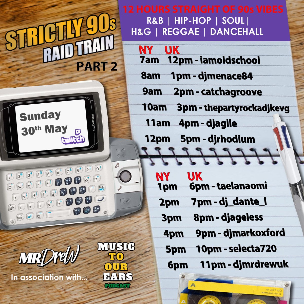 This Sunday we’re riding the Strictly 90s raid train - exclusively on Twitch. Action starts at 12pm BST! <a href="/DJSoulplay/">IAMOLDSCHOOL</a> <a href="/DJMattWhite/">Catch A Groove</a> <a href="/djagile/">DJ Agile</a> <a href="/DJKEVG/">ThePartyRockaDJKevG</a> <a href="/DJRhodium/">Rhodium</a> @SpeakingOfDante <a href="/taelanaomi/">Taela Naomi</a> <a href="/DJMarkOxford/">DJ Mark Oxford</a> <a href="/LifeOfAgeless/">AGE</a> @Selecta720Recs #switchtotwitch #90srnb #90shiphop