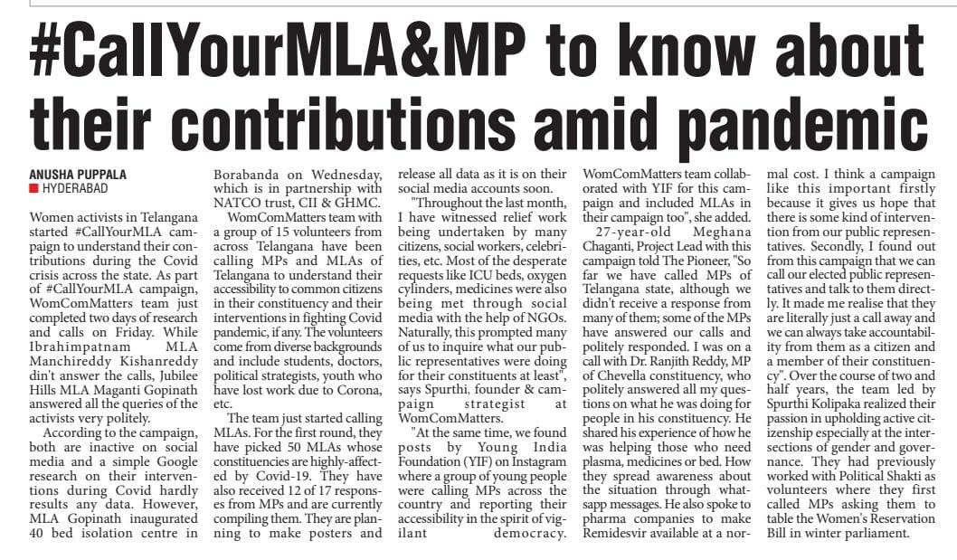 .@SpurthiKolipaka & her team started this wonderful initiave of calling MPs & MPs to understand their accessible to common citizens in their constituencies & their interventions in fighting #COVID19 pandemic in #Telangana 

#CallYourMLA #CallYourMP   @WomComMatters #Hyderabad