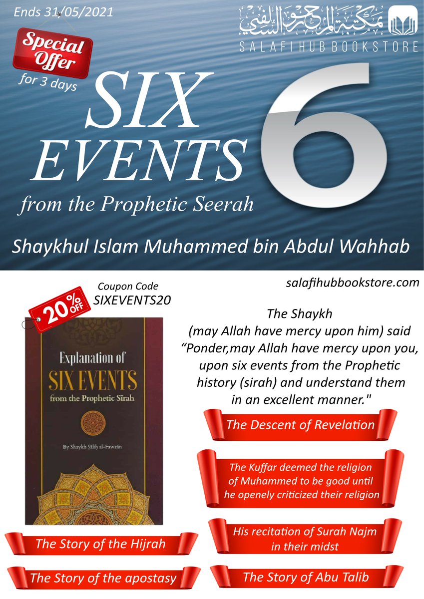 SalafiHubBook's tweet photo. The Shaykh (may Allah have mercy upon him) said “Ponder-may Allah have mercy upon you- upon six events from the Prophetic history (sirah) and understand them in an excellent manner."

Now on 20% off for three days 

Buy Now
https://t.co/T2Qs2yIjmL https://t.co/PCenud796V