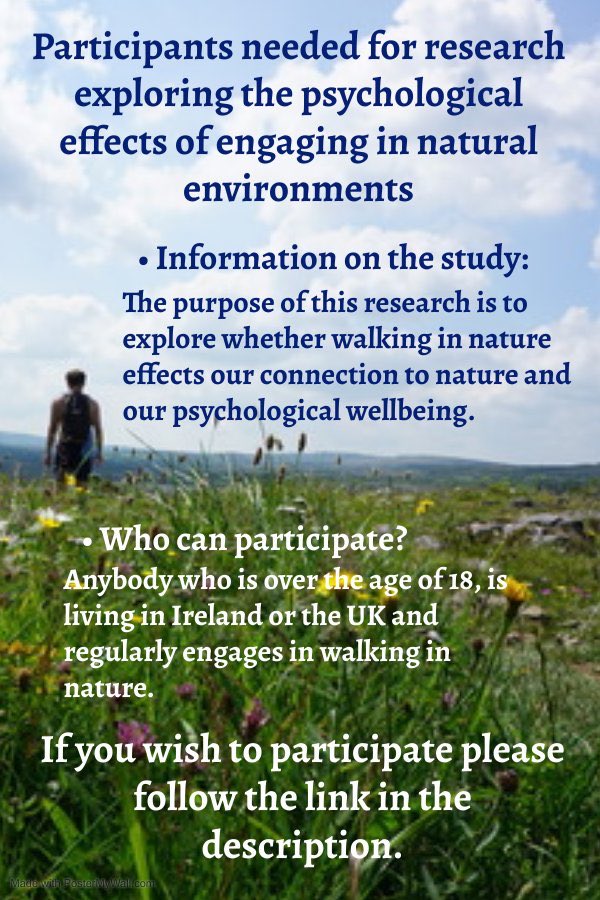How does walking in nature influence our connection to nature and our psychological wellbeing?

To take part in the study or for more information follow this link: tinyurl.com/wcce77h8