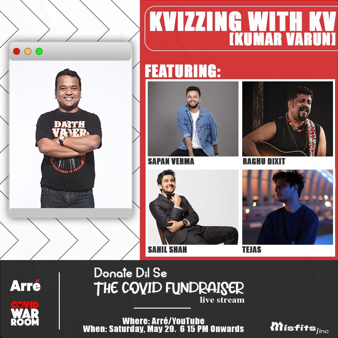 _covidwr's tweet photo. TODAY! @randomvarun hosts ’Kvizzing with KV’ featuring comedians @sapanv, @SahilBulla, and musicians @Raghu_Dixit and @tejasmenon, who will perform a short set too. 29th May 2021, 6:15 PM IST.

Contribute to our #fundraiser: https://t.co/mnbOxFabhA

#CovidRelief #COVID19 #COVID https://t.co/W0Q25cOPCG