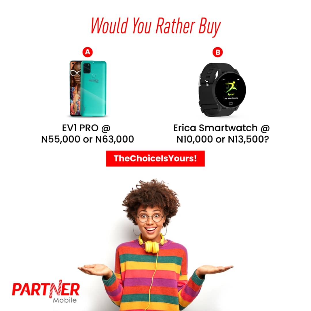partnermobileng's tweet image. Choose wisely! A or B! This Weekend Only. 

Up to 25% off EV1PRO/EricaSmartwatch.

Make the right choice by visiting any of approved retail partners and brandstores

Or visit partnermobile.com/flashsale

#PartnerMobileAtFive 
#PartnerWithErica
#FlashSales