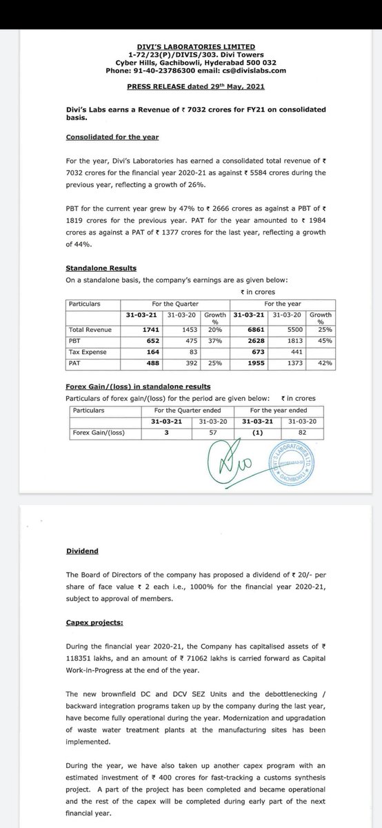 iamrakeshparikh's tweet image. #DIVIS yoy consolidated revenue 26%⬆️ PBT 47%⬆️ PAT 44%⬆️  dividend 20 ₹ per share capex as per plan #consistentcompounder #indianpharma #api #cdmo