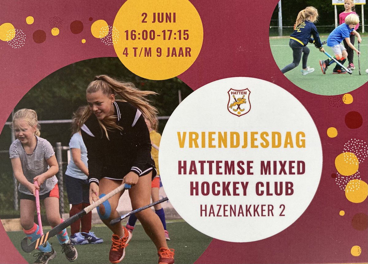 Woensdag 2 juni organiseren we van 16.00-17.15 uur een vriendjesdag voor de jongste jeugd. Een mooie mogelijkheid voor kinderen van 4 t/m 9 jaar om kennis te maken met hockey.