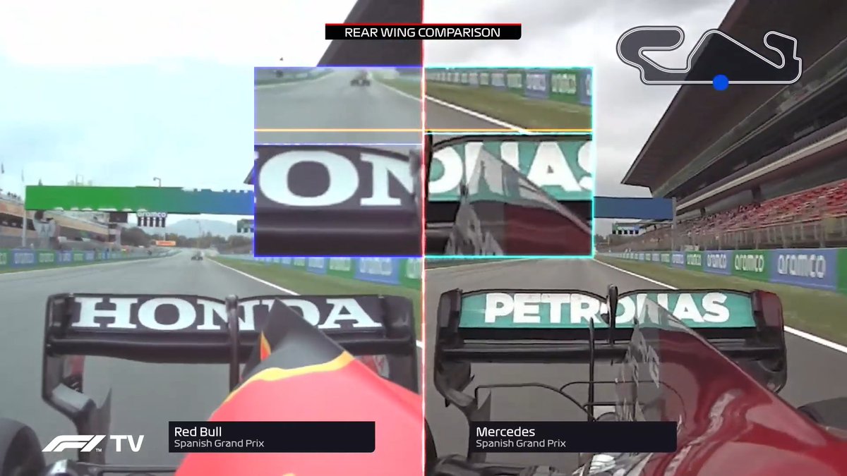 Karol_CyrkF1's tweet image. Screen z programu #WeekendDebrief w F1 TV pokazujący różnicę w odchyleniu tylnych skrzydeł Red Bulla i Mercedesa. Za tydzień to będzie bardzo gorący temat, bo Mercedes ma złożyć protest. Red Bull może się w przyszłości zrewanżować analogicznym protestem o przednie skrzydło. #F1PL