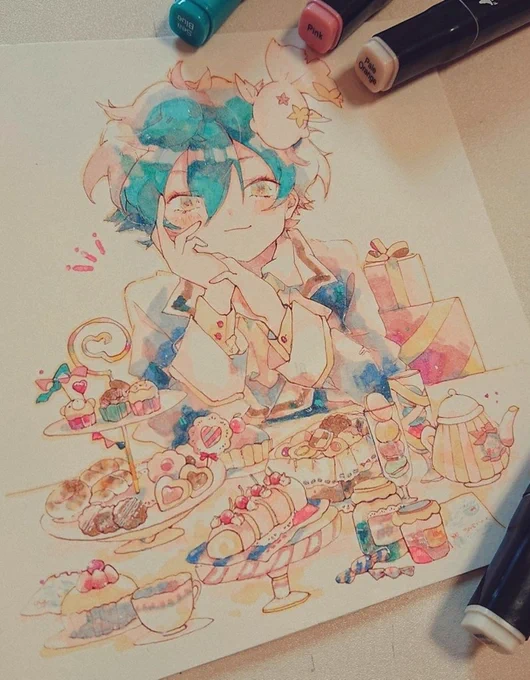 ダイソーのイラストマーカーで遊んでみました✨ペールオレンジが可愛いです🍰 