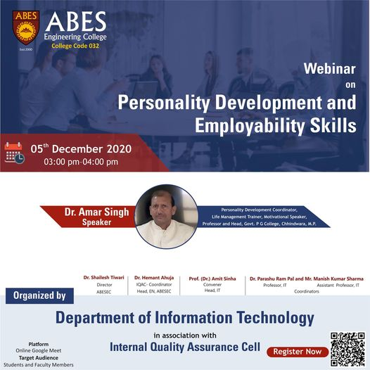 IAbesec's tweet photo. The Department of Information Technology in association with Internal Quality Assurance Cell (IQAC) organized a webinar on "Personality Development and Employability Skills", on 05th December 2020. https://t.co/FA4pfBqmoD
