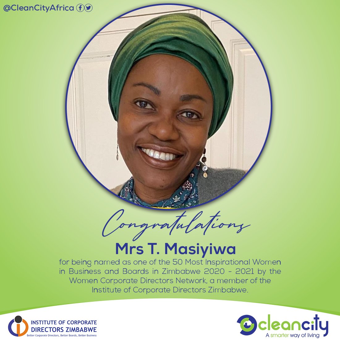 CleanCityAfrica's tweet photo. Congratulations Mrs T. Masiyiwa for being named as one of the 50 Most Inspirational Women in Business and Boards in Zimbabwe 2020 - 2021 by the Women Corporate Directors Network, a member of the Institute of Corporate Directors Zimbabwe. https://t.co/kCO7G528hi