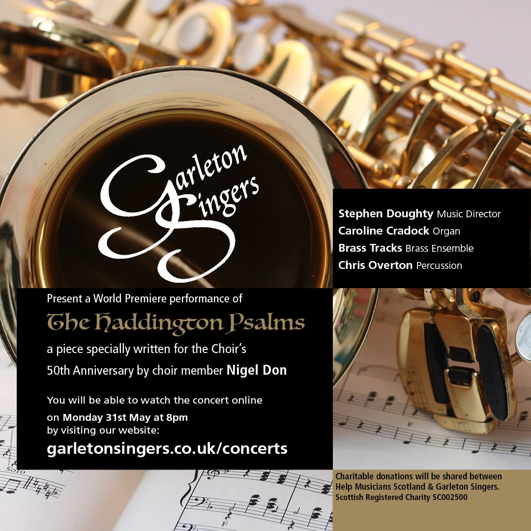 GarletonSingers's tweet image. Join us in the launch of our latest lockdown project and listen to the world premiere of Haddington Psalms. We're joined by brass, percussion and organ with the choir in full voice! Go to this link garletonsingers.co.uk/concerts Launch 8pm on Monday 31st and any time thereafter. Enjoy!