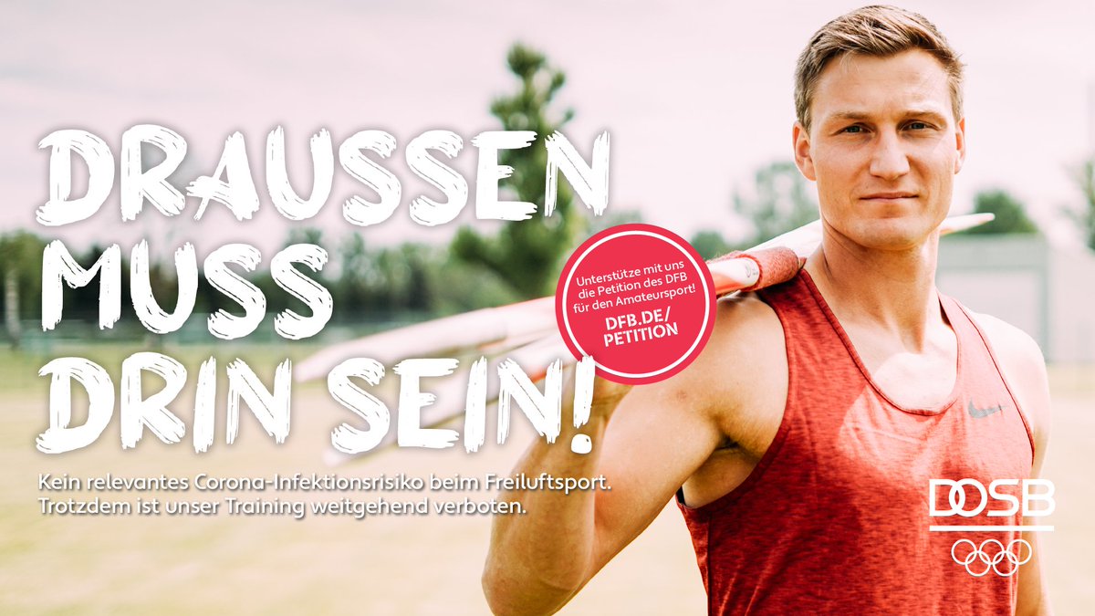 #Sportdeutschland

❗ Gemeinsam mit dem <a href="/DFB/">DFB (Verband)</a> fordern wir die Wiederzulassung des organisierten Sportbetriebs für den Amateur- und Breitensport unter freiem Himmel. #DraussenMussDrinSein <a href="/thomasroehler/">Thomas Röhler</a> 

❗ Unterstützt jetzt die Petition: dfb.de/petition/