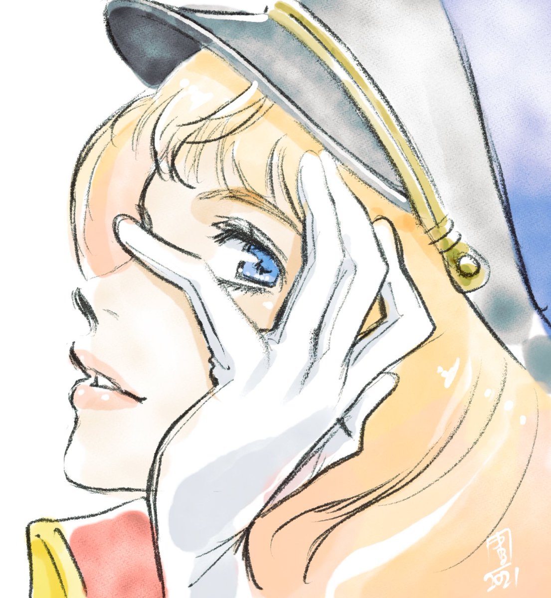 sheryl nome 1girl solo blue eyes gloves blonde hair hat parted lips  illustration images