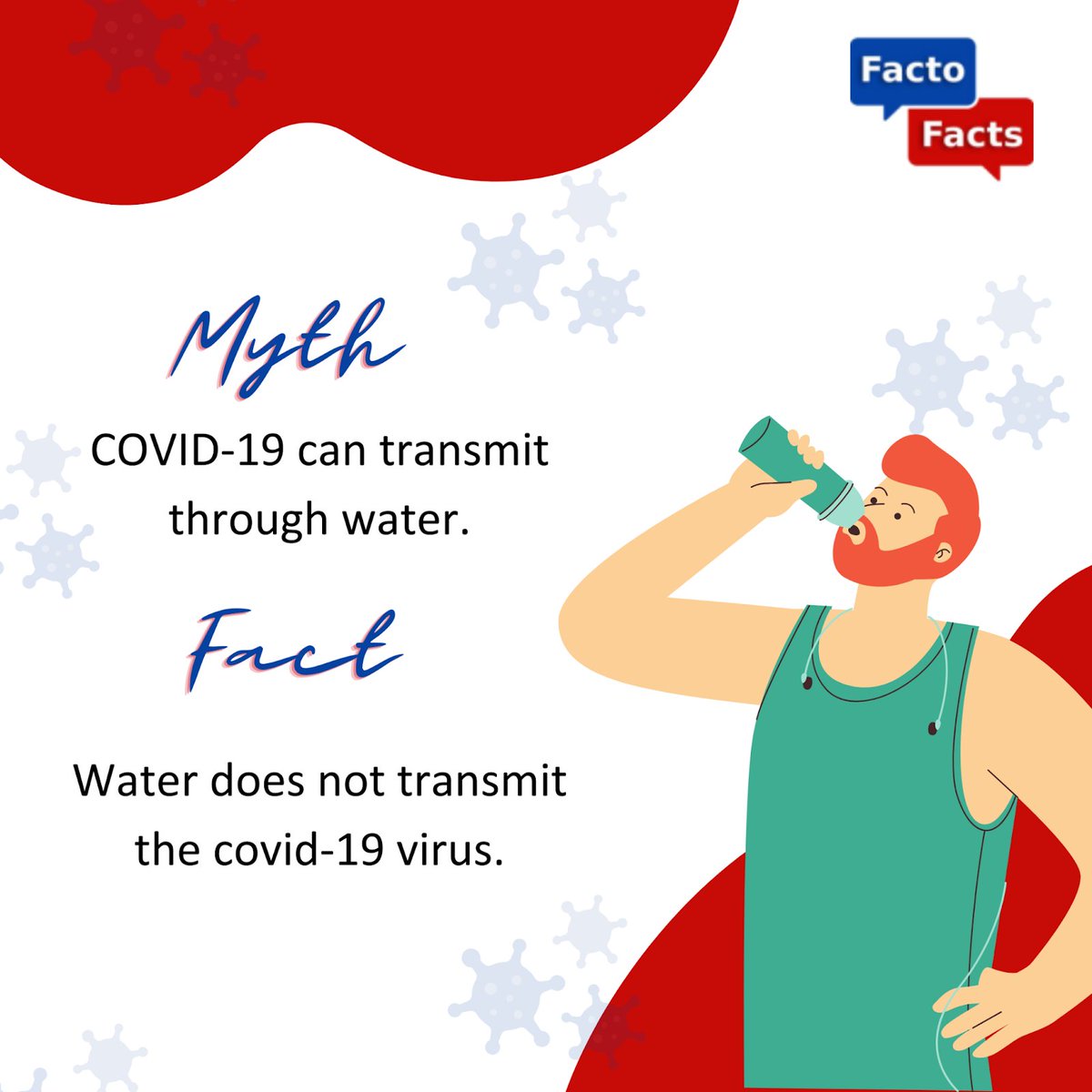 thefactofacts's tweet photo. Drinking water is safe! It doesn’t transmit the covid-19 virus. 
--
#factofacts #facts #interestingfacts #amazingfacts #lifefact #COVID19India https://t.co/xGSQWkzY9V