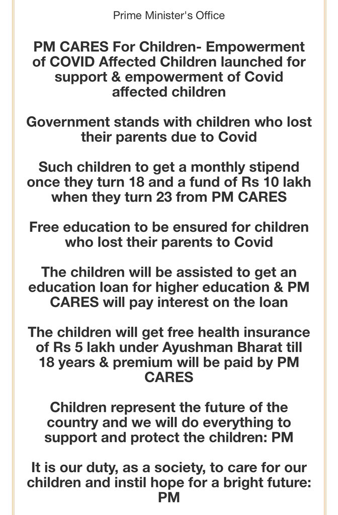 Thankful to PM <a href="/narendramodi/">Narendra Modi</a> Ji for announcing major measures for protection &amp; empowerment of children who lost their parents to Covid through PM-CARES. This will ensure children are not deprived of any opportunity &amp; will pave the way for a secure future. pib.gov.in/PressReleasePa…