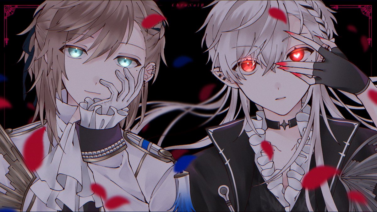 kuzuha (nijisanji) multiple boys 2boys gloves red eyes mole under eye pointy ears male focus  illustration images