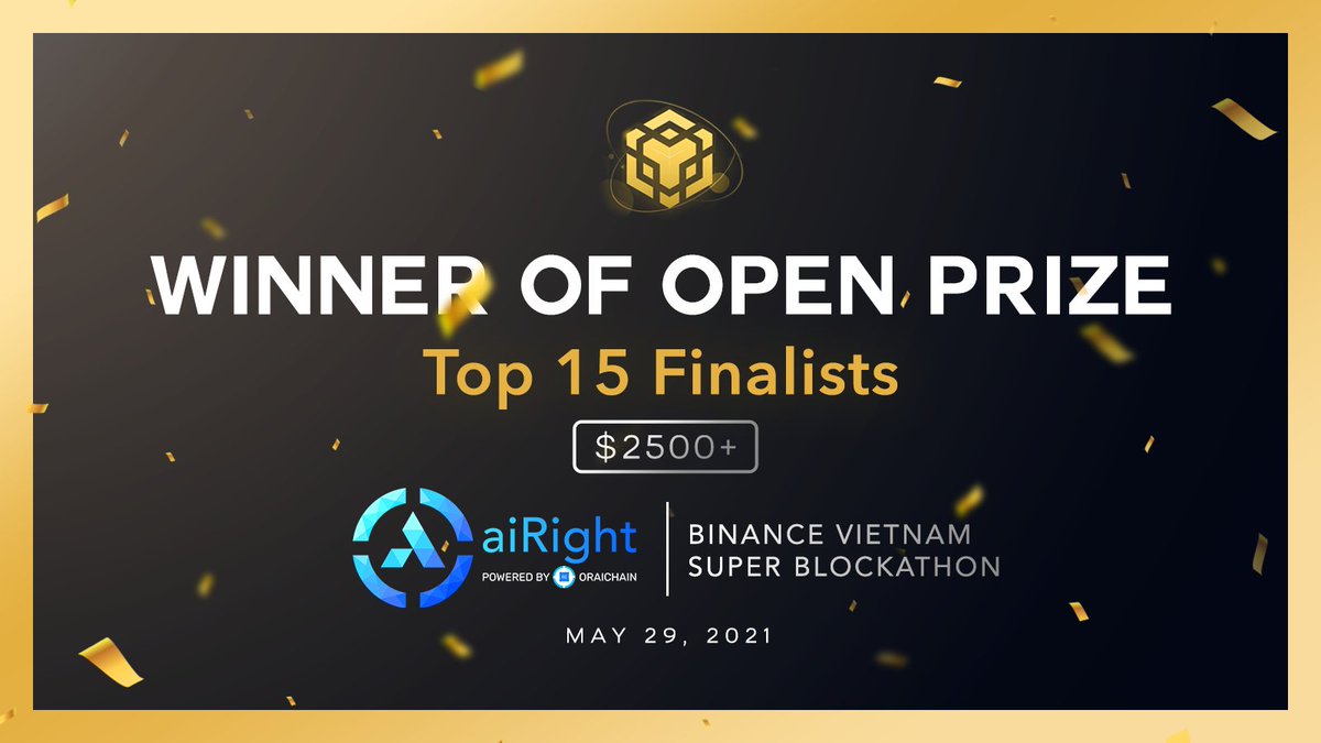 #aiRight team is pleased to receive the Open Prize among the top 15 finalists in the Vietnam Super Blockathon, hosted by <a href="/binance_vietnam/">Binance Vietnam 🇻🇳</a> and <a href="/BinanceChain/">Binance Chain</a>🎉🎉🎉

This award is a recognition of the unique advancements that our #AI Oracle is delivering to the #NFT and #DeFi space!