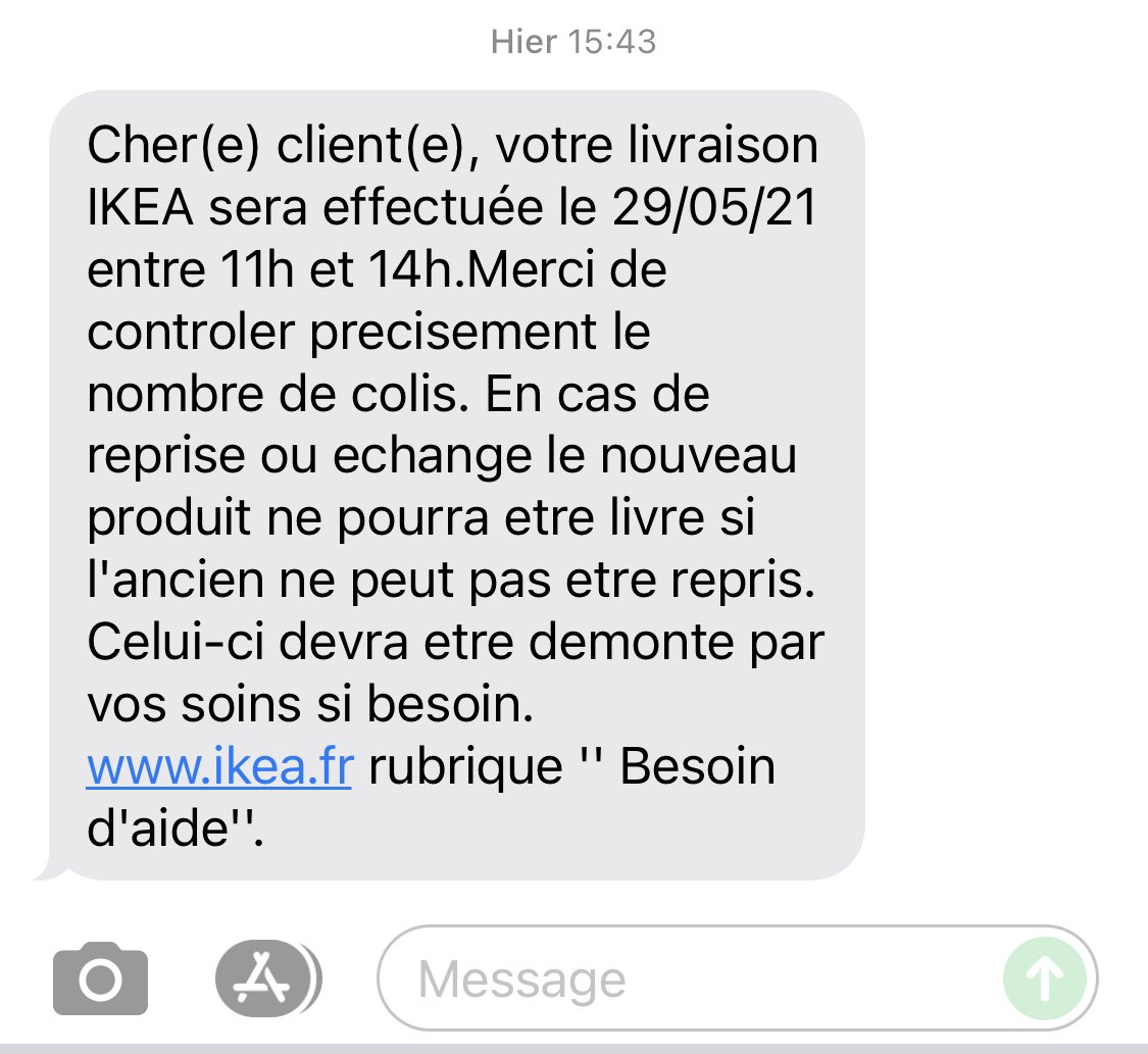 Tzatzjunior's tweet photo. Hey @IKEA_France, trouvez vous normal de recevoir un sms de confirmation de livraison - d'attendre 5h sans news dans un appartement vide pour apprendre, en appelant le service client, qu'en réalité l'article en question commandé 15j + tôt est en rupture et ne pourra être livré ? https://t.co/dRf77ETWtz