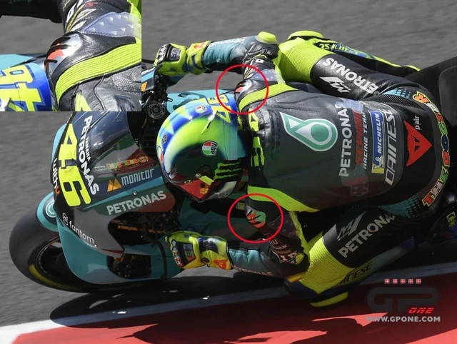 Rossi running aero devices on his leathers this weekend, on the shoulders are a set of vortex generators, these re-energise air passing over his shoulders, helps flow remain attached over his back, plastic panels behind &amp; lower with small VG's to smooth air flow also

#MotoAero