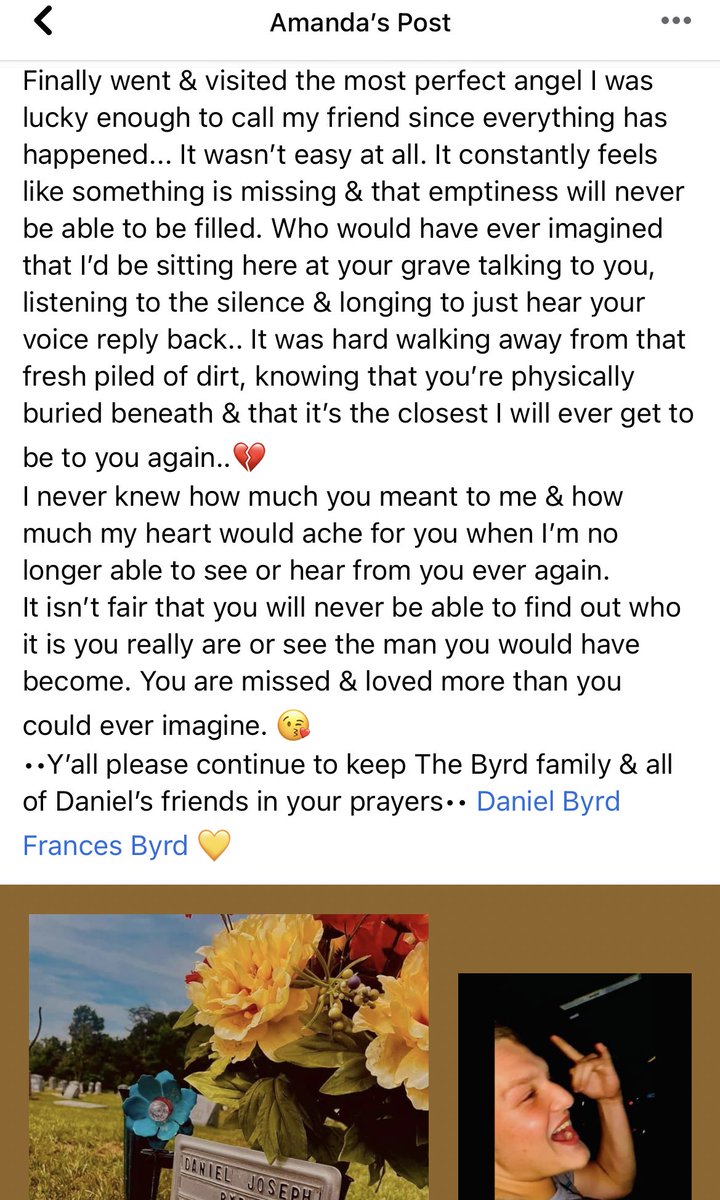 amandaakarlee's tweet photo. Me &amp; your sweet mama sat &amp; talked for over 2 hours yesterday at your grave. We laughed &amp; cried sharing our favorite memories of you.. I’m so sorry that the people who actually loved you dearly were nowhere around to save you.. I promise you will never be forgotten D. 🤍 https://t.co/tqEklAqY2L