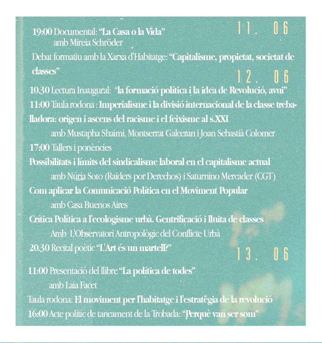 Fem públic el programa de la 1a Trobada de Formació Popular del Baix Maresme✨

11, 12 i 13 de juny 🗓️

Elevem el nivell dels debats i enfortim la nostra consciència!

Inscriviu-vos al formulari: forms.gle/StQNNABGisNUFM…

#LaTrobada