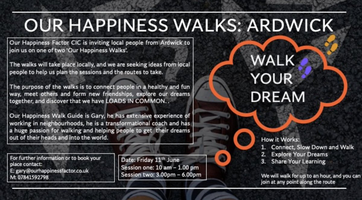 There is going to be a walk organised by <a href="/TheOrangeClub1/">TheOrangeClubUK</a> in Ardwick on 11 June.  
 
The aim of the walk is to connect with people in a healthy and fun way. Take a look at the flyer below for more details about this!