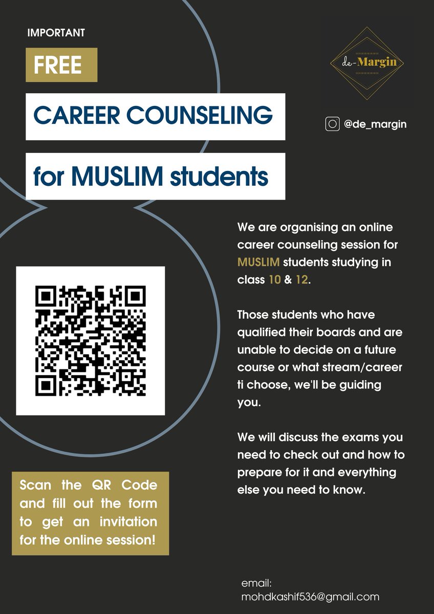 SharjeelUsmani's tweet photo. Free career counselling for Muslim students studying in or passed 10 &amp; 12. Scan the QR code, fill up the form to get an invitation link. 

Important initiative by @KashifA75760213 bhai, a childhood friend and a wonderful scholar from JNU. Please spread the word. https://t.co/EMxuBK7Svk