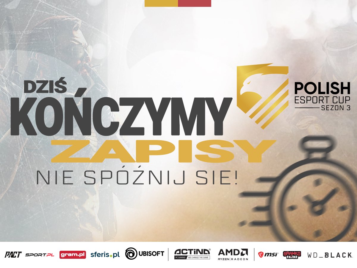 Halo, przypominam! Już dzisiaj kończą się zapisy do turnieju @RainbowSixPEC 2021, gdzie do wygrania w puli, w Rainbow Six Siege jest 12 000 złotych! Czas macie do 23:59, także nie zwlekajcie i próbujcie swoich sił! 😎

Link do zapisów - bit.ly/3uh6YCY